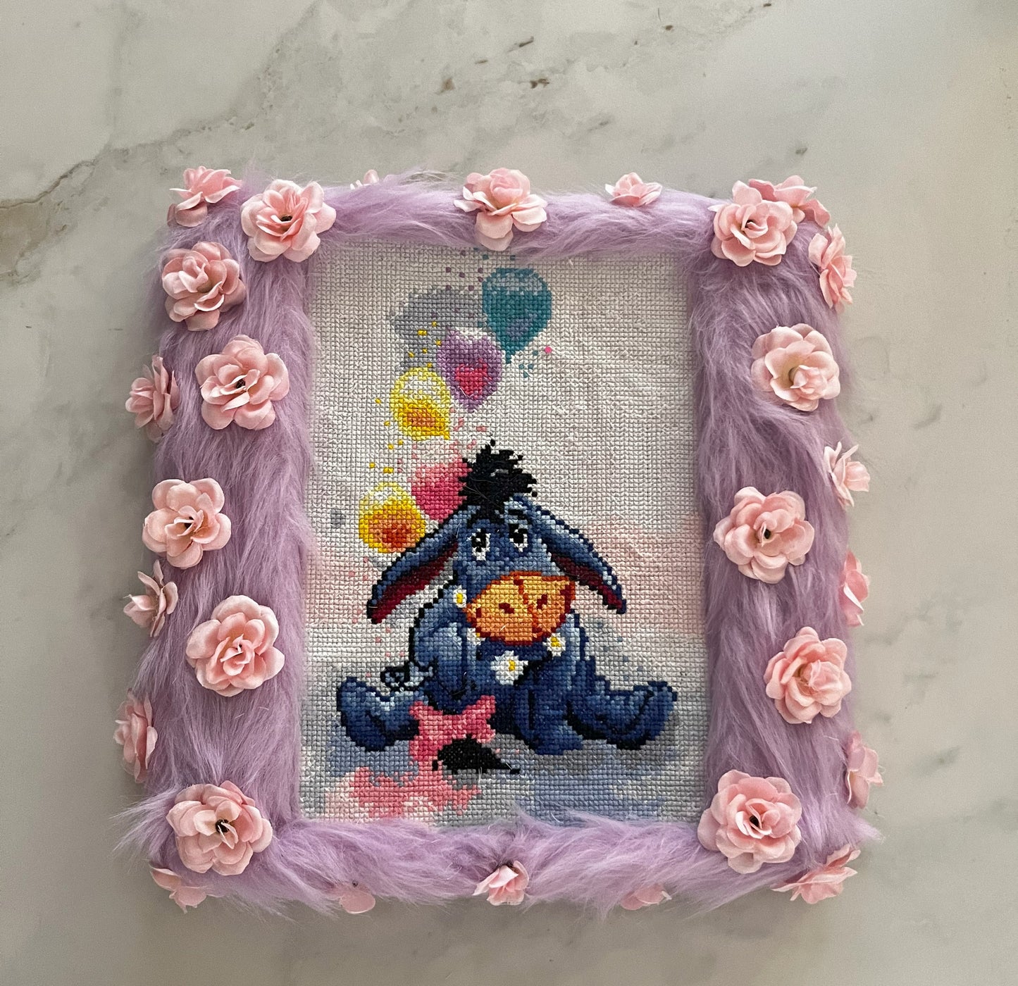 Eeyore Cross-Stitch with Furry Lavender Frame & Pink Flowers