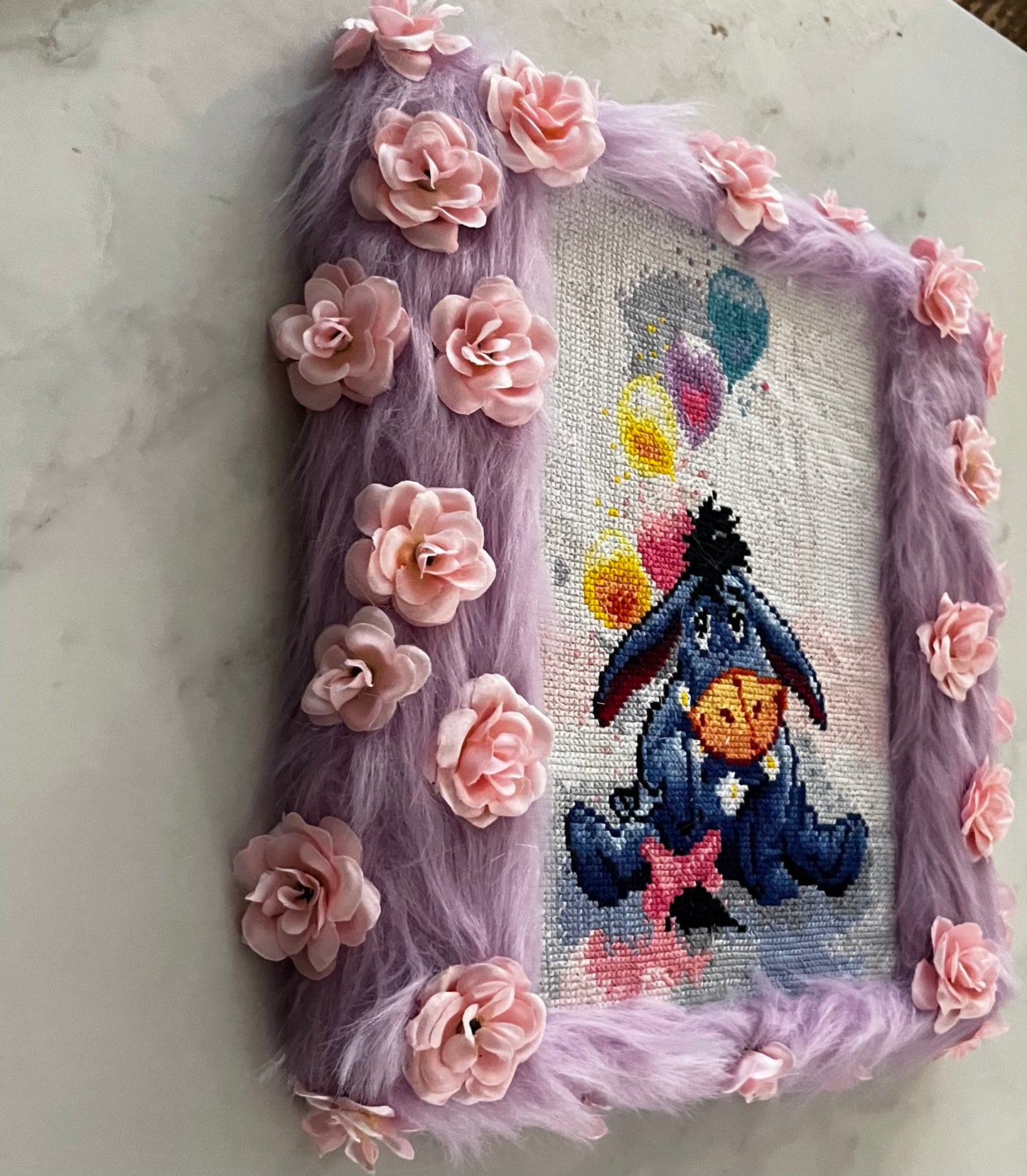 Eeyore Cross-Stitch with Furry Lavender Frame & Pink Flowers