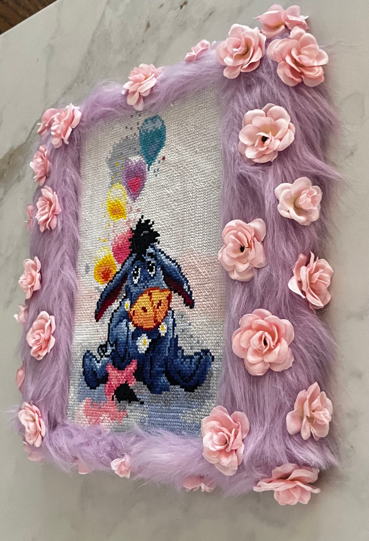Eeyore Cross-Stitch with Furry Lavender Frame & Pink Flowers