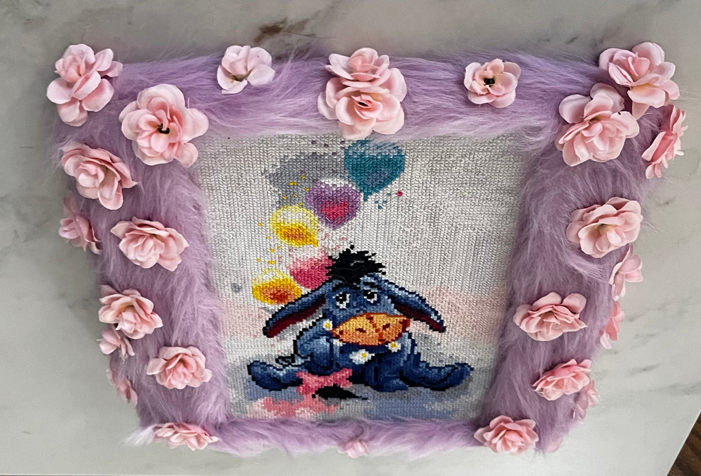 Eeyore Cross-Stitch with Furry Lavender Frame & Pink Flowers
