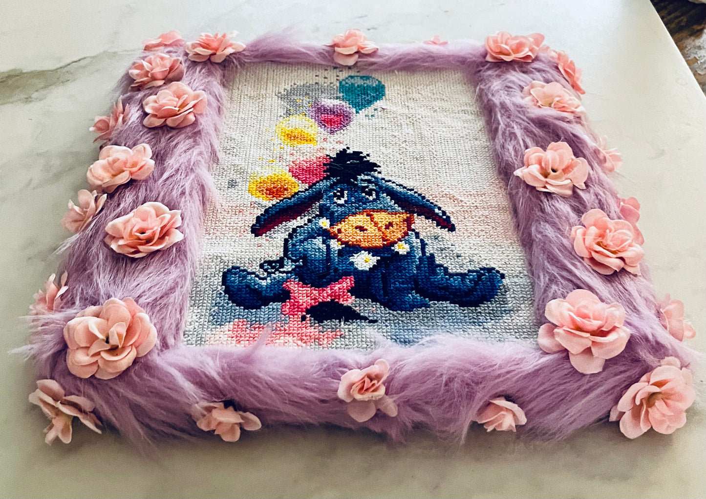 Eeyore Cross-Stitch with Furry Lavender Frame & Pink Flowers