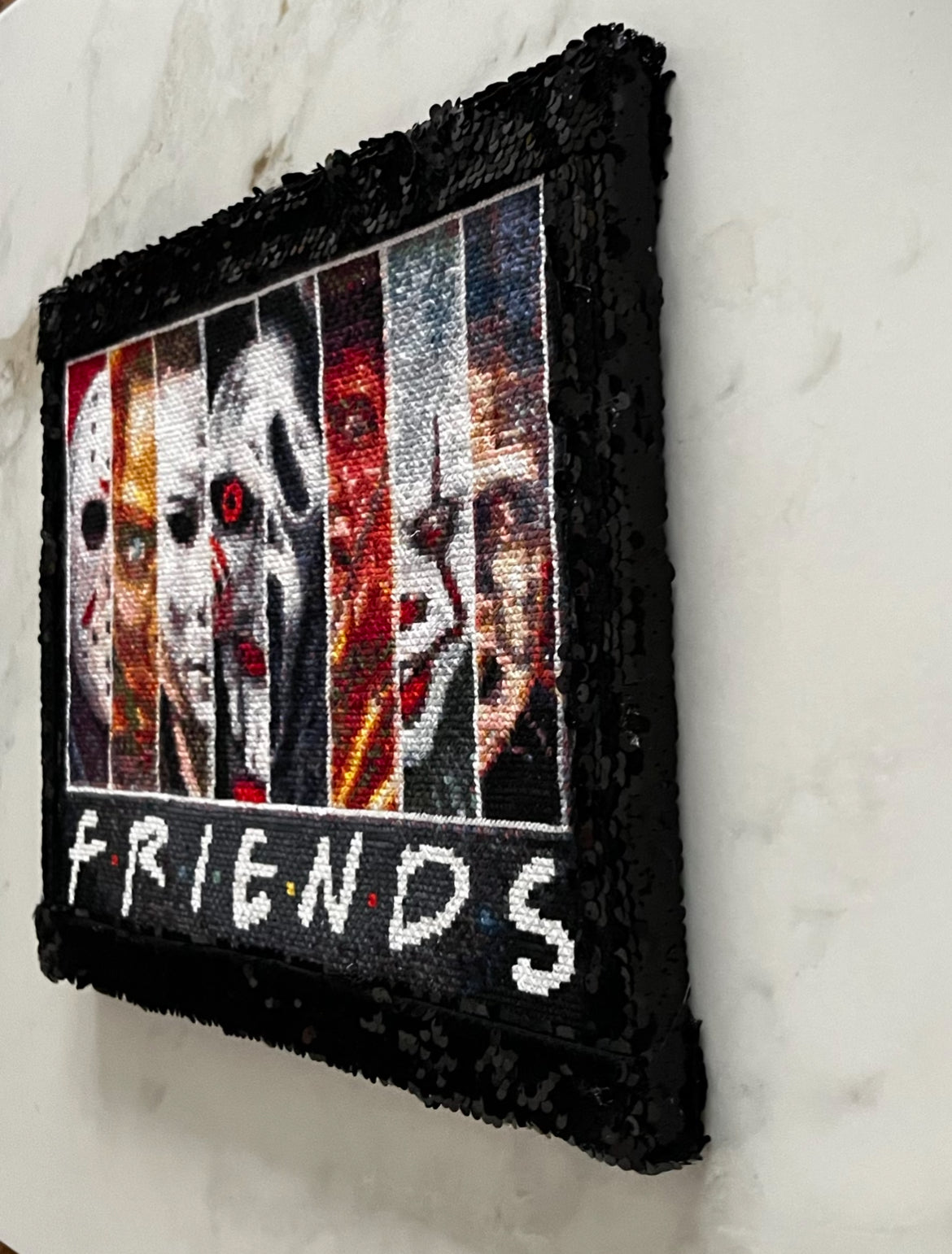 “Friends to the End” Horror Cross-Stitch – Framed in Black Sequins