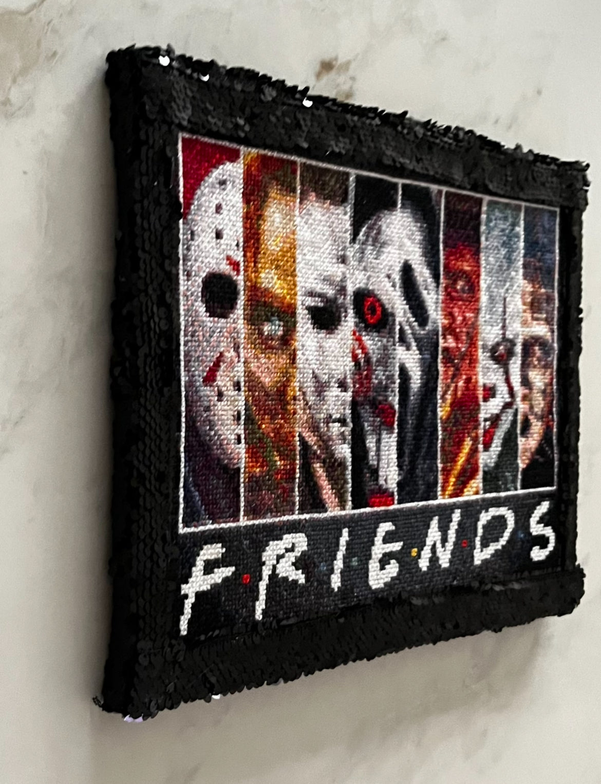 “Friends to the End” Horror Cross-Stitch – Framed in Black Sequins