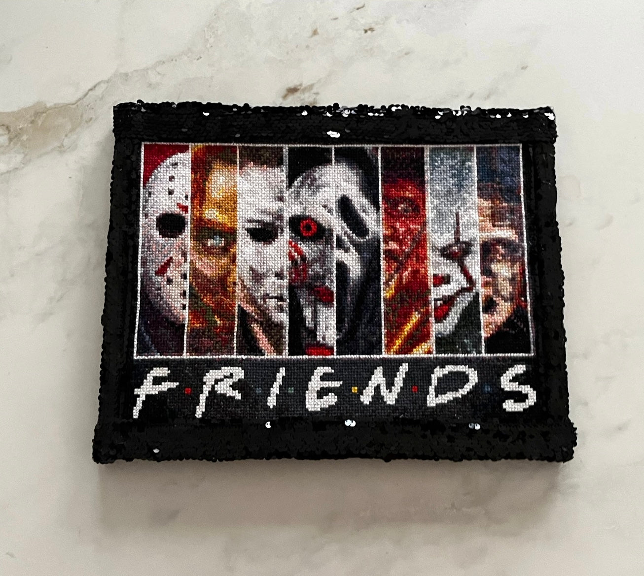 “Friends to the End” Horror Cross-Stitch – Framed in Black Sequins